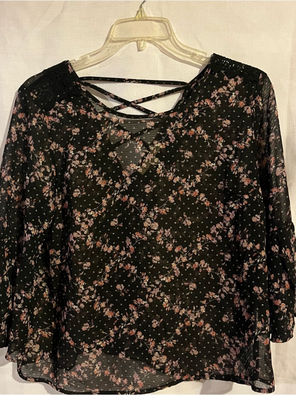 Rewind Black Floral Crisscross Front Blouse